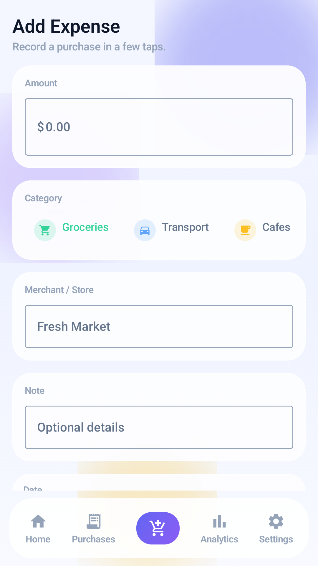 White Cart Tracker expense entry screen